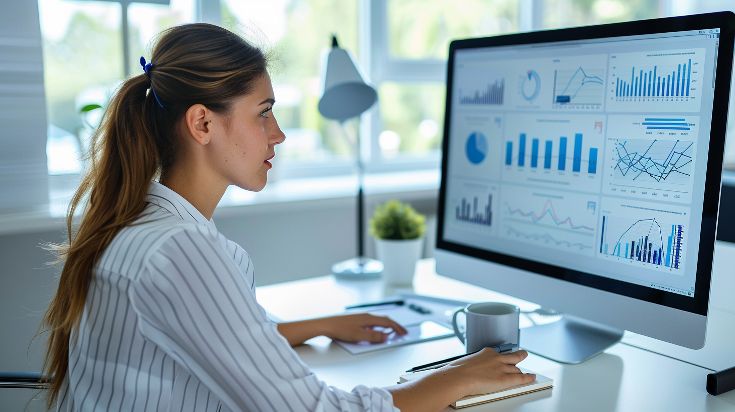 A confident marketing apprentice working at a desk in a modern open-plan office, engaged and purposeful