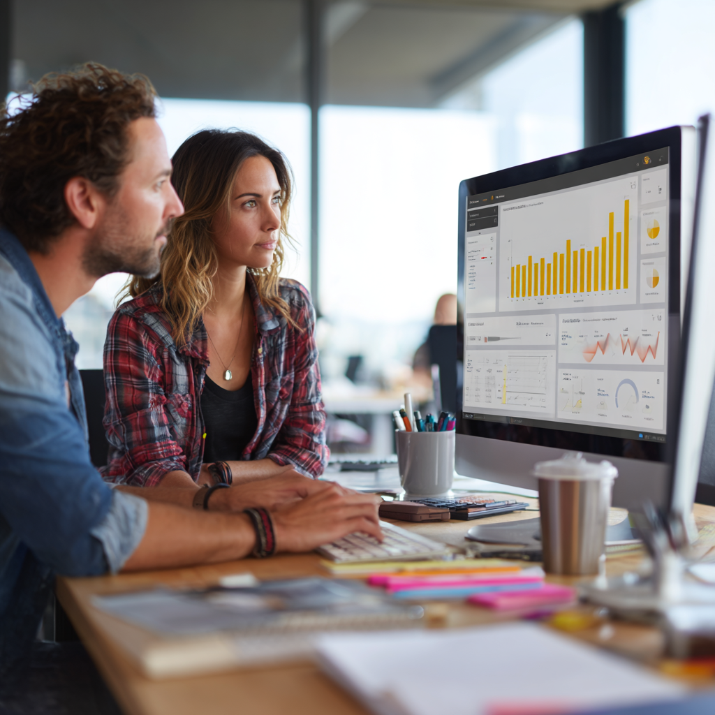 A marketing team member and their manager reviewing a digital analytics dashboard together on a large screen in a modern office