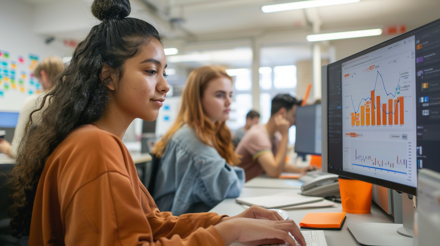 A group of young UK marketing apprentices gathered together in a bright modern office, smiling and engaged