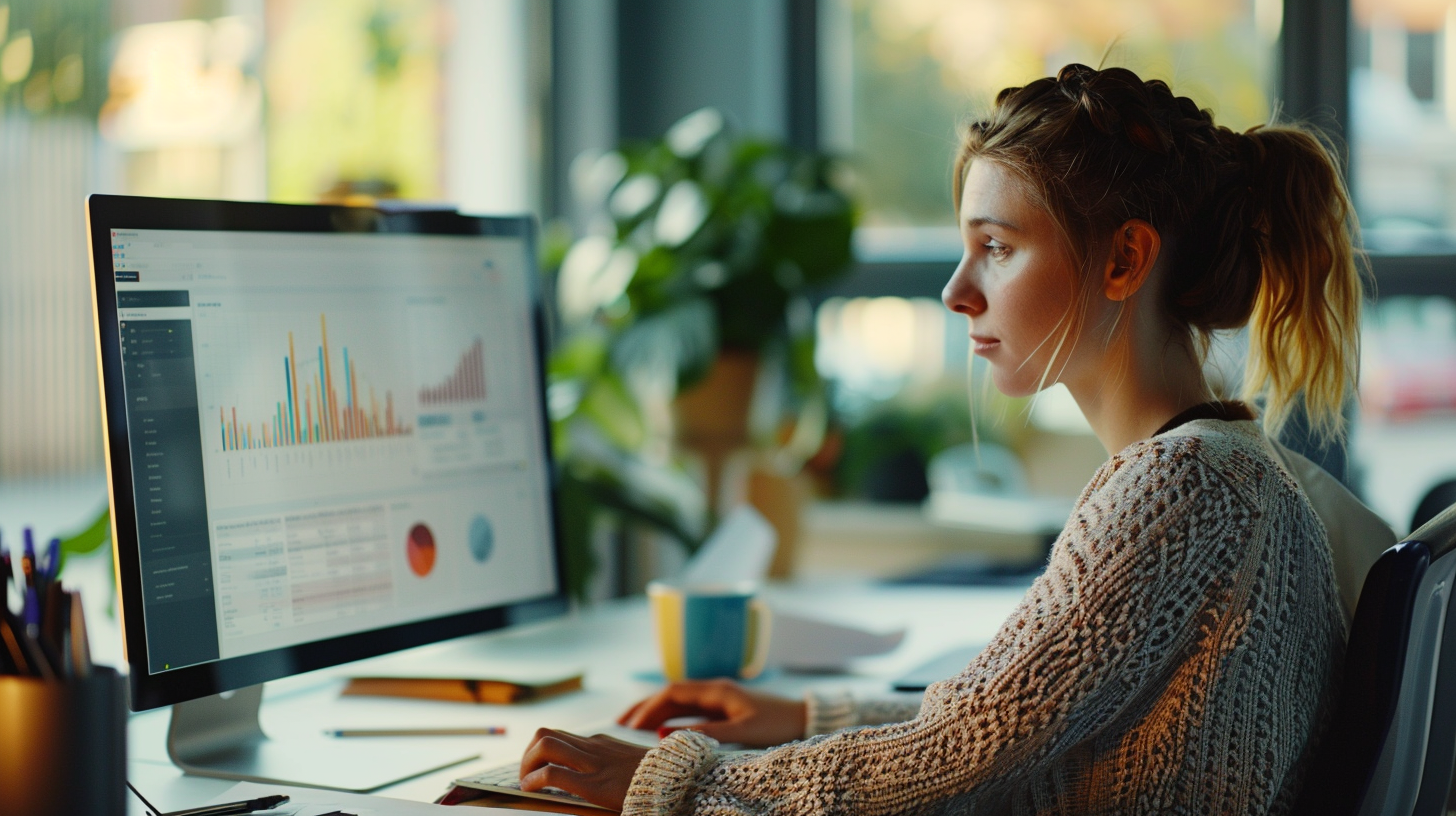 A young marketing apprentice working confidently at a laptop in a bright modern office, smiling and engaged
