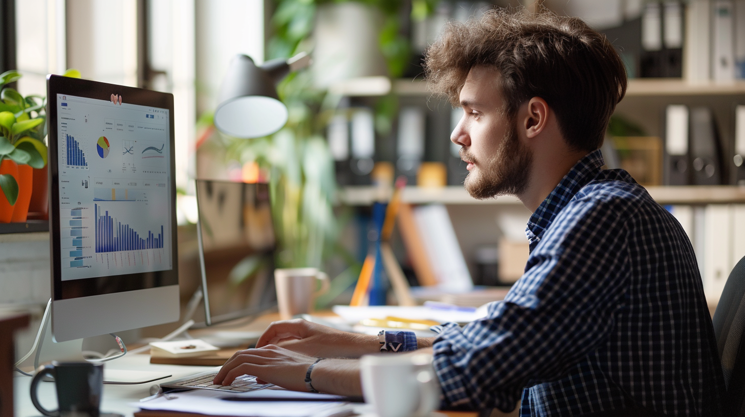 A young marketing apprentice working at a desk in a modern office, engaged and motivated with a laptop and notebook open